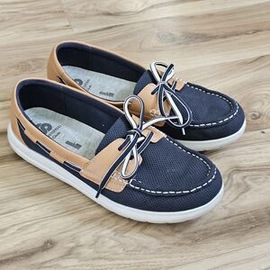 Navy and Tan Women's Casual Boat Shoe - Lightweight Slip-On
